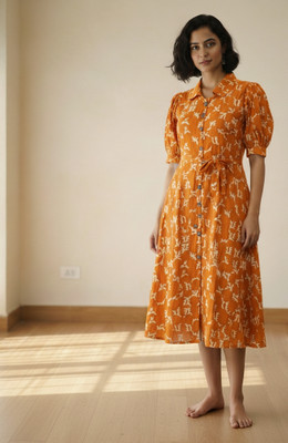 Shakuntalaa Women Fit and Flare Yellow Below Knee Dress