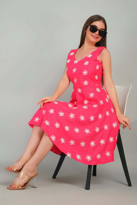 Gul West Women Fit and Flare Pink Knee Length Dress