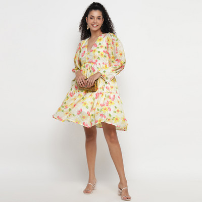 theulluu.com Women Fit and Flare Yellow Knee Length Dress