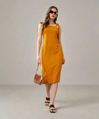 Attire Empire Women Bodycon Yellow Midi/Calf Length Dress