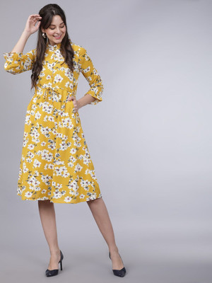 Tokyo Talkies Women Fit and Flare Yellow Knee Length Dress