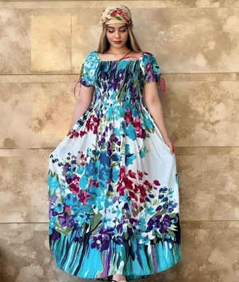 OMI Women Fit and Flare Blue Maxi/Full Length Dress
