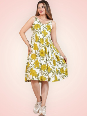K K CREATION Women Gown Yellow, White Knee Length Dress