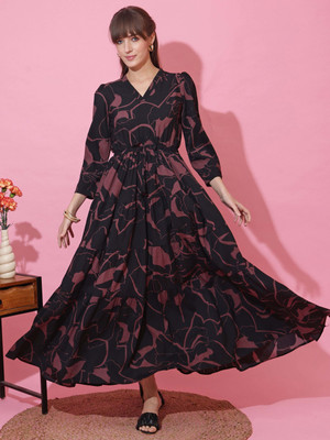 Honky Tonky Women Fit and Flare Black, Brown Maxi/Full Length Dress