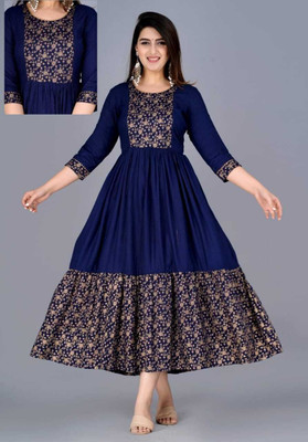 Hegza Women Fit and Flare Dark Blue, Gold Ankle Length Dress