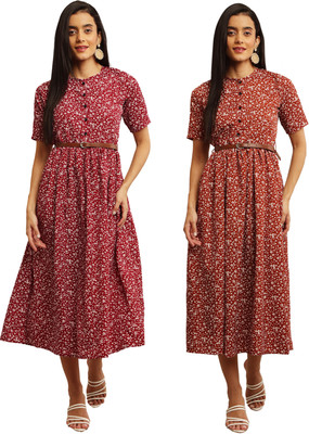 Mamnoon Women Fit and Flare Multicolor Midi/Calf Length Dress