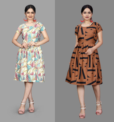 HOUSE OFF COMMON Women A-line Multicolor Below Knee Dress