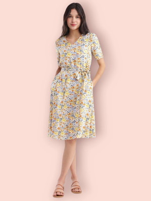 KAALAXI Women Ethnic Dress Beige Midi/Calf Length Dress