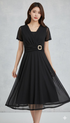 Avyola Women A-line Black Midi/Calf Length Dress