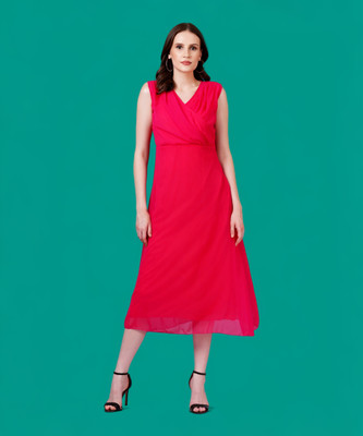 JC4U Women Gathered Red Midi/Calf Length Dress