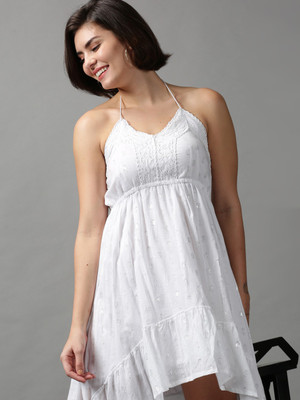 SHOWOFFFF Women Fit and Flare White Midi/Calf Length Dress