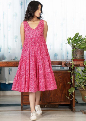 Herway Women A-line Pink Midi/Calf Length Dress