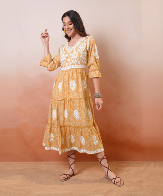 Vishudh Women Maxi Yellow Midi/Calf Length Dress