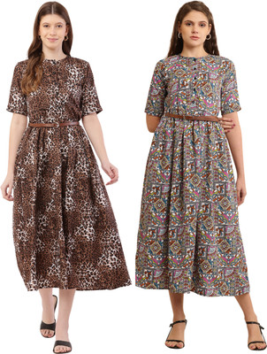 HEAVENS CREATIONS Women Fit and Flare Red, Orange Midi/Calf Length Dress