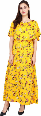 Pratyusha Women A-line Gold Maxi/Full Length Dress