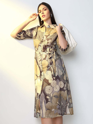 SHOWOFFFF Women A-line Grey Midi/Calf Length Dress