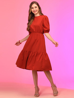 Globus Women Fit and Flare Red Midi/Calf Length Dress