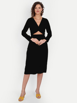 MINGLAY Women A-line Black Midi/Calf Length Dress