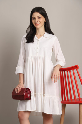 Rajnandini Women A-line White Above Knee/Mid Thigh Length Dress