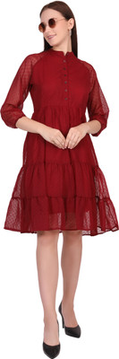 TishuMishu Women Fit and Flare Maroon Knee Length Dress