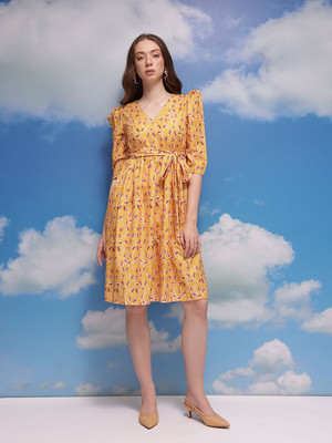 CORSICA Women A-line Yellow Knee Length Dress