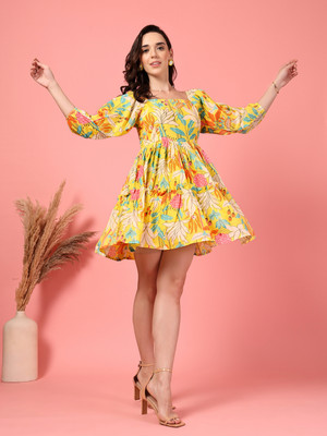 Gulabidress Women A-line Yellow Above Knee/Mid Thigh Length Dress