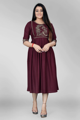 ShopGlobal Women A-line Maroon Below Knee Dress