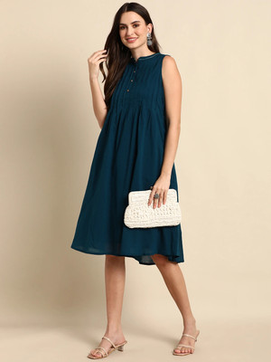 Janasya Women A-line Blue Midi/Calf Length Dress