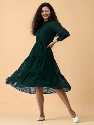 AASK Women Fit and Flare Green Midi/Calf Length Dress