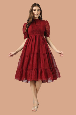 Wownoon Women Gathered Maroon Midi/Calf Length Dress