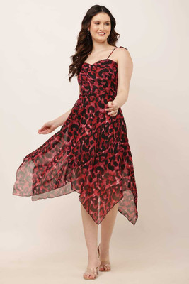 Stylespot Women Fit and Flare Black, Red Midi/Calf Length Dress