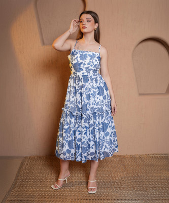PURVAJA Women Fit and Flare Blue Midi/Calf Length Dress