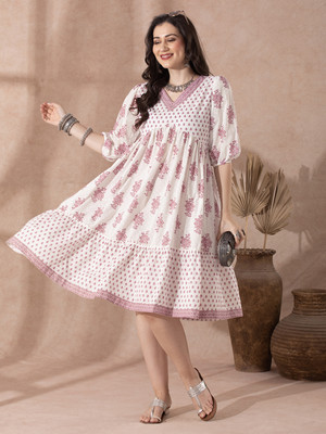 Globus Women A-line Pink, White Knee Length Dress