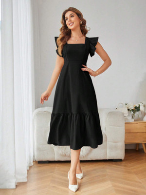 Sugathari Women Fit and Flare Black Midi/Calf Length Dress