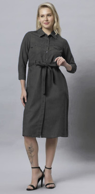 Tripursundari Fashion Women A-line Black Midi/Calf Length Dress