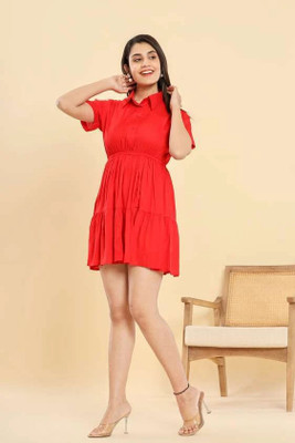 Neha Fashions Women Layered Red Mini/Short Dress
