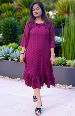 Bhanderi Creation Women A-line Purple Midi/Calf Length Dress