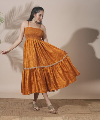 Globus Women Fit and Flare Yellow Midi/Calf Length Dress
