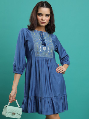 Vishudh Women Fit and Flare Dark Blue Above Knee/Mid Thigh Length Dress