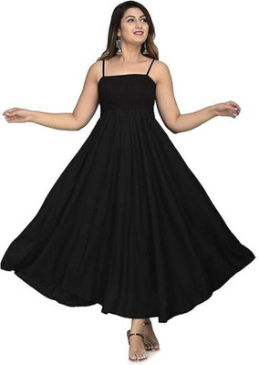 VYMO Women A-line Black Ankle Length Dress