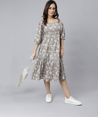 Janasya Women Fit and Flare Grey, White Midi/Calf Length Dress