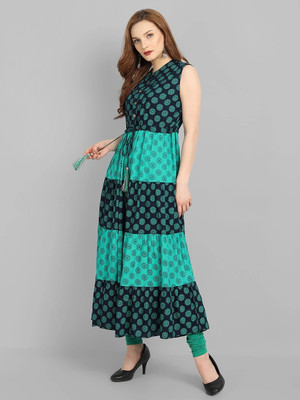 Karagre Women Printed Flared Kurta(Green)