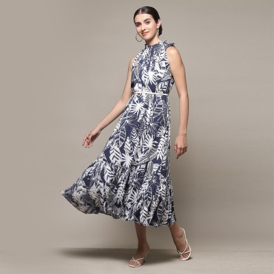 BIBA Women Gathered Dark Blue, White Dress