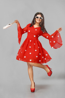 KV Fashion Women Fit and Flare Red Above Knee/Mid Thigh Length Dress