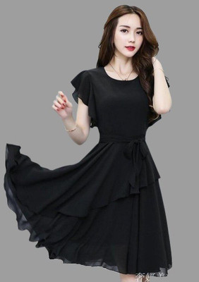JIYA SAREES Women Fit and Flare Black Knee Length Dress