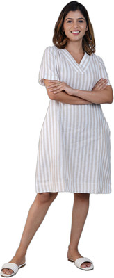 Biglilpeople Women Shift Beige Knee Length Dress
