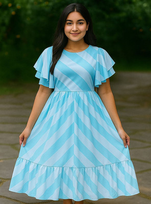 Fashion2wear Women Fit and Flare Light Blue Midi/Calf Length Dress