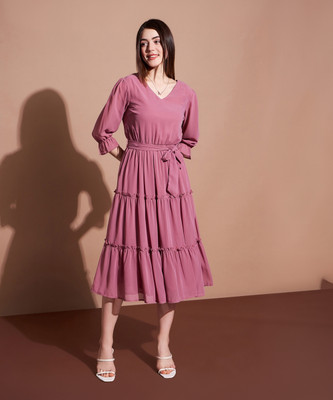 Deewa Women Fit and Flare Pink Below Knee Dress