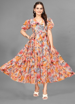 Parth Creation Women Fit and Flare Multicolor Maxi/Full Length Dress