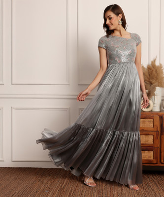 Miss Chase Women Tiered Grey Maxi/Full Length Dress